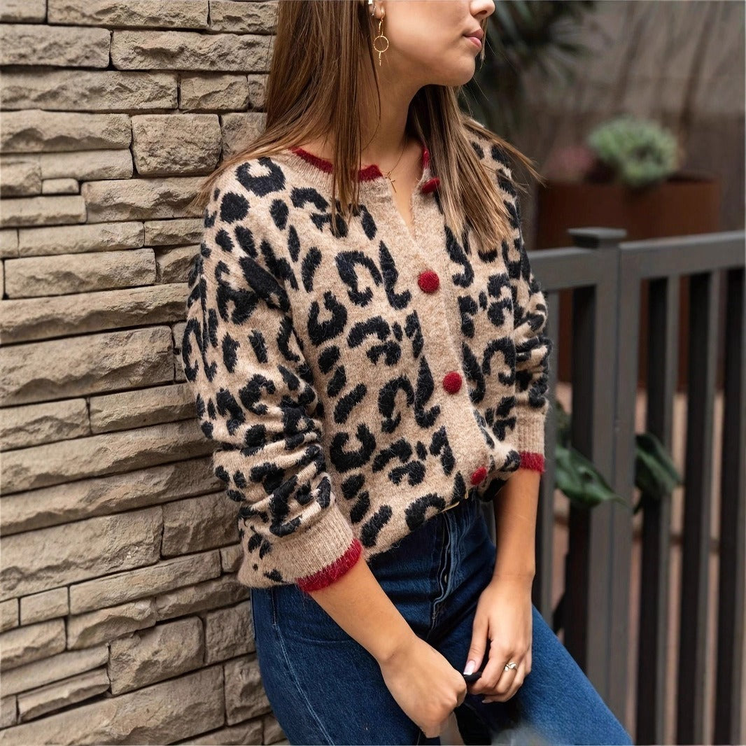 Retro Contrast Color Leopard Print Cardigan Round Neck Sweater