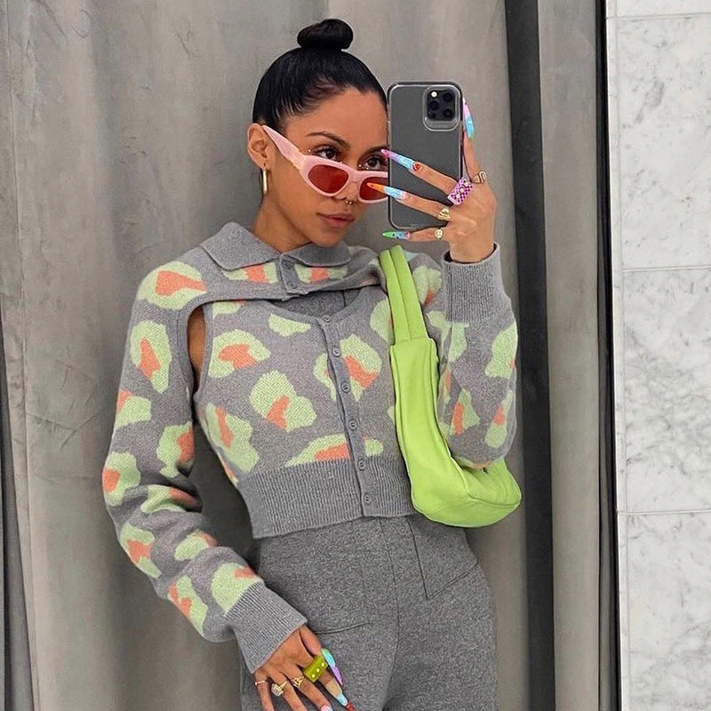 Long Sleeve Blouse Two-piece Sexy Lapel Leopard Print