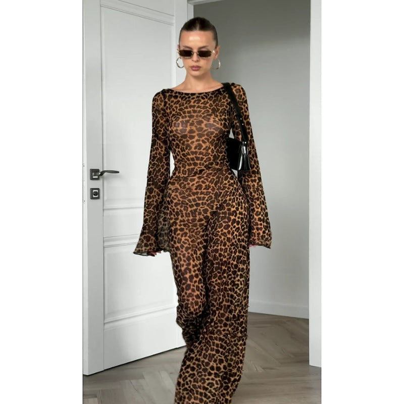 Stylish Leopard Print Off-neck Bell Sleeve Dress for Her