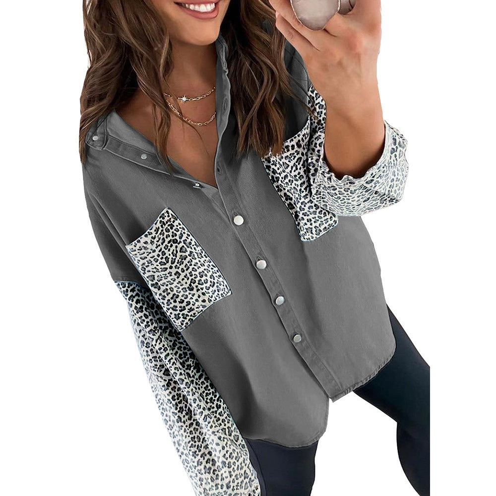Leopard Print Stitched Casual Top With Pockets