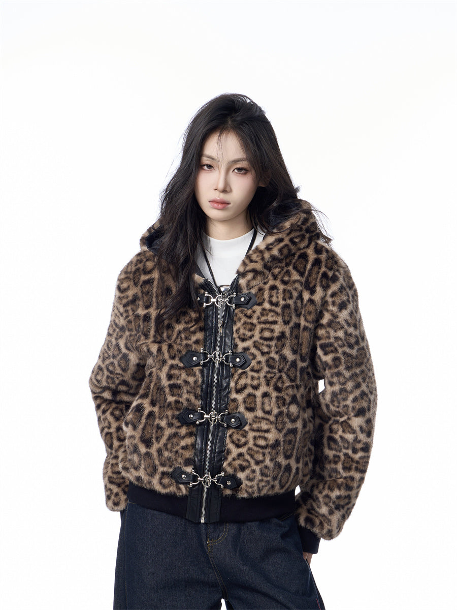 Hooded Jacket Women's Loose Thick Leopard Print Full Print Design Street Coat