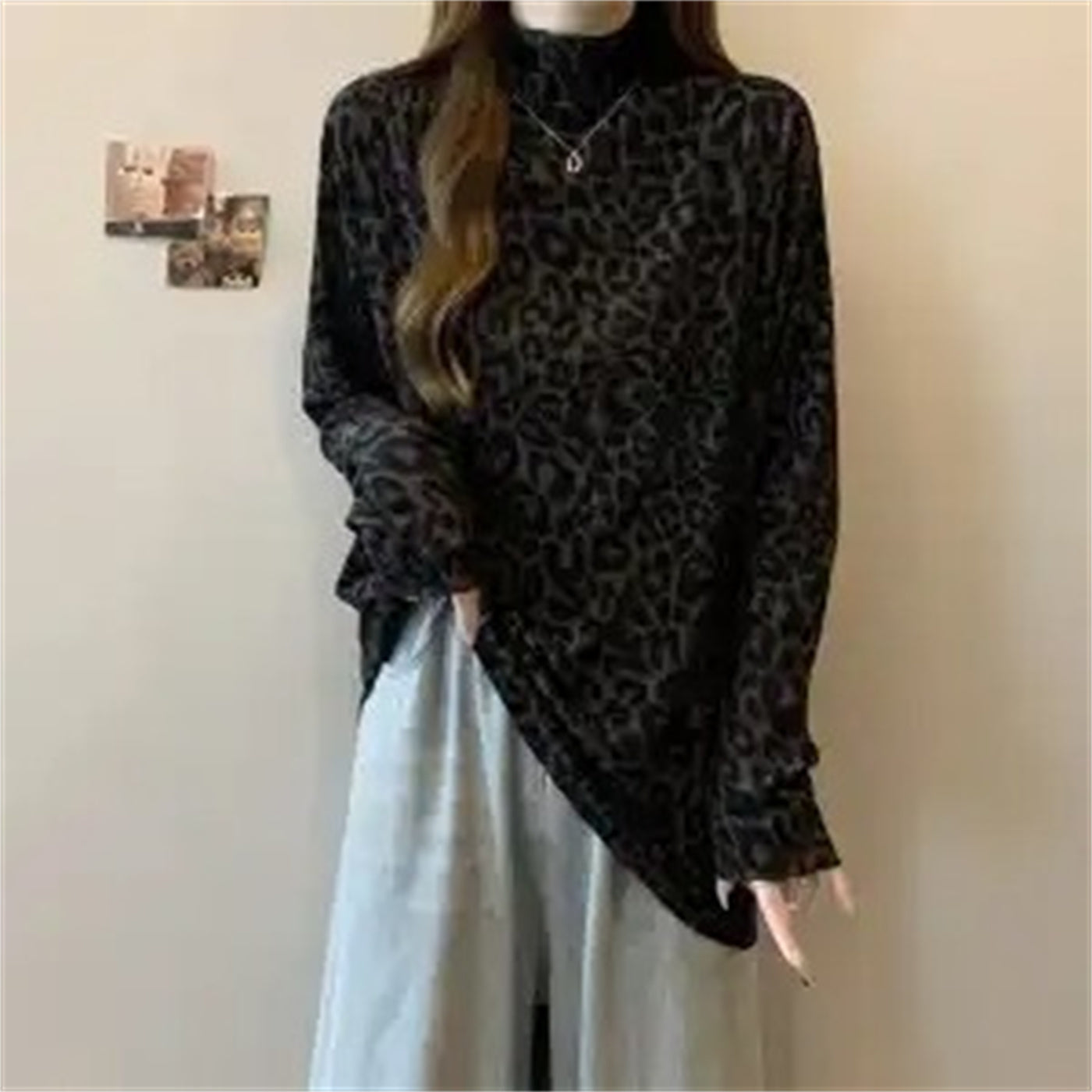 Leopard Print Semi-high Collar Long Sleeve