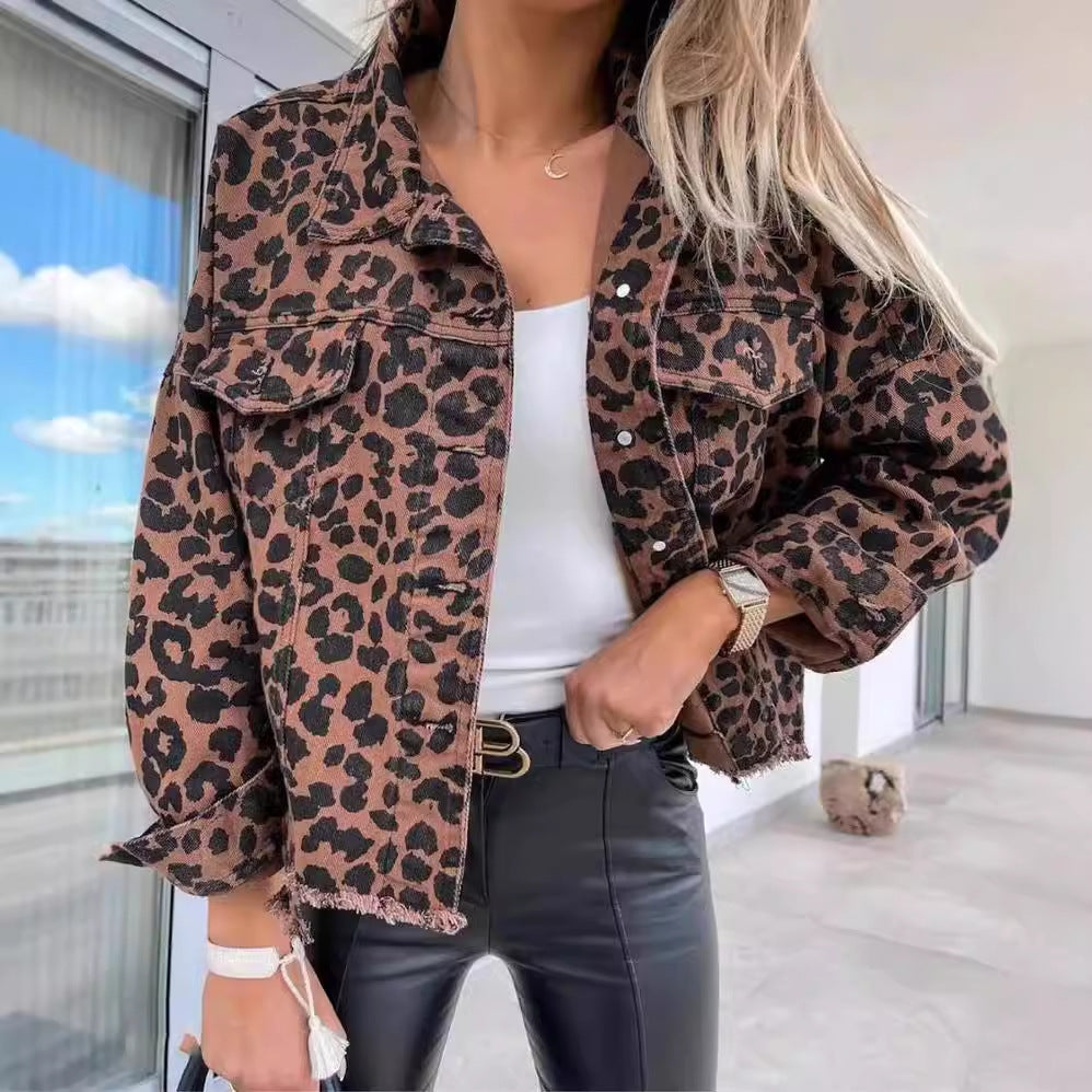 Damen-Jacke mit Leopardenmuster und Tasche, Y2K-Mode, Revers, einreihiger Denim-Mantel, Damenbekleidung
