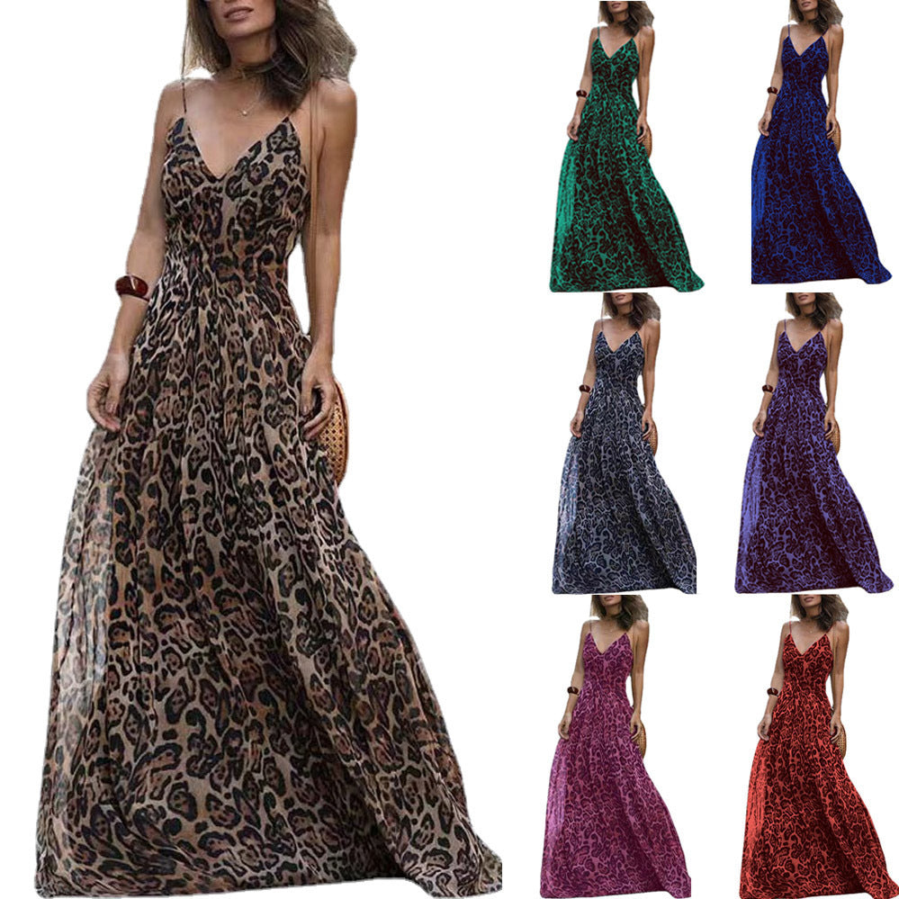 New Style Women's European And American Fashion Leopard Print V-neck Backless Dress With Suspenders