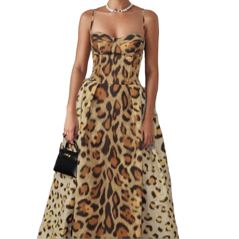Sexy Hot Girl Leopard Print Backless Slimming Suspender Dress