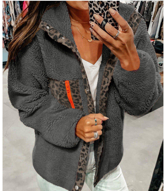 Women's Leopard Print Zipper Long Sleeve Plush Jacket