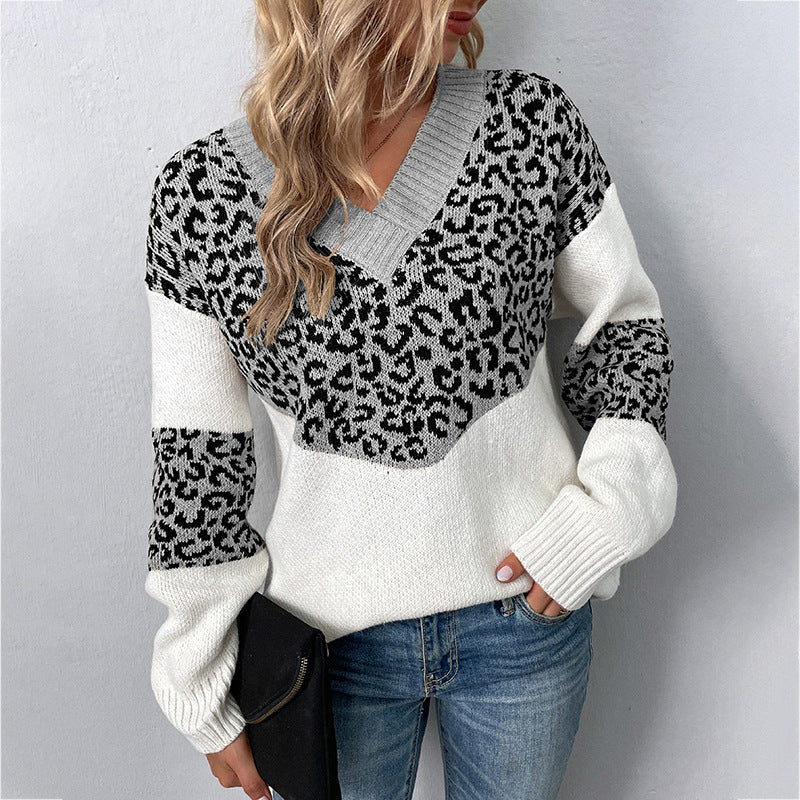 Fur Rain V-neck Pullover Contrast Color Leopard Print Sweater