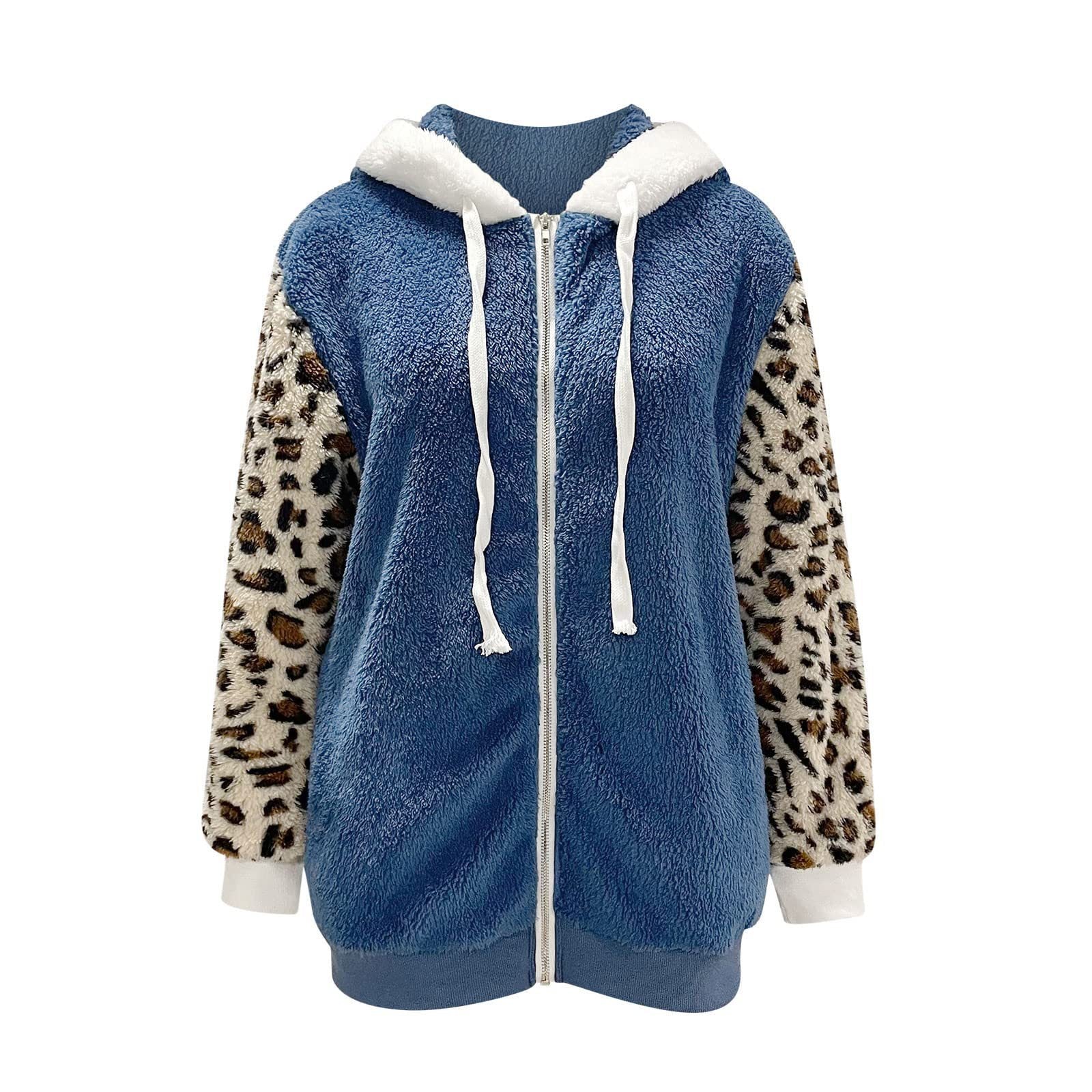 Long-sleeve Zipper Leopard Splicing Hooded Plush Coat For Women