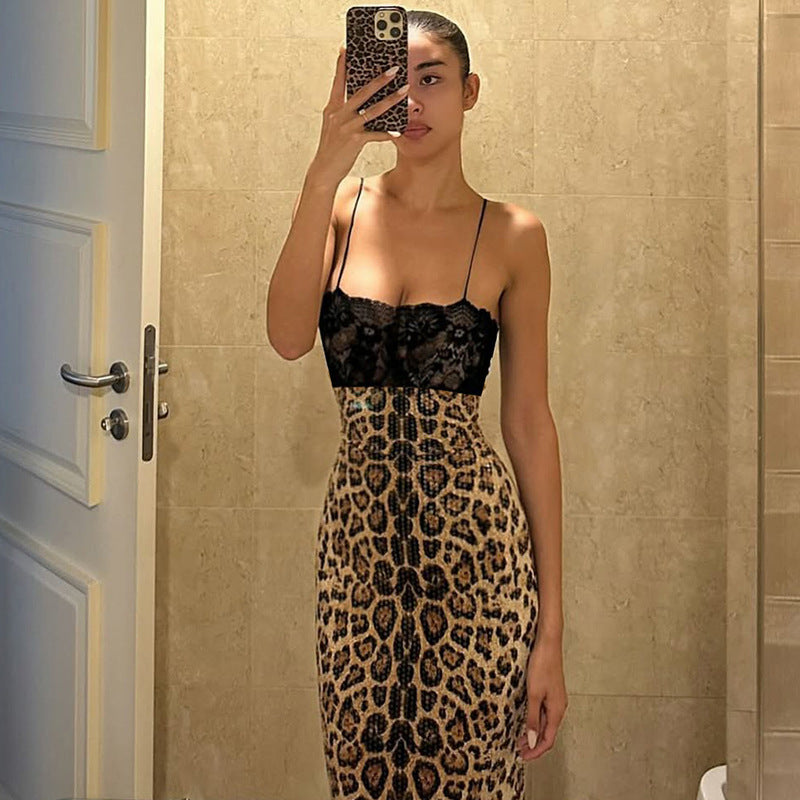 Fashion Lace Patchwork Slit Bandeau Sling Leopard Print Dress