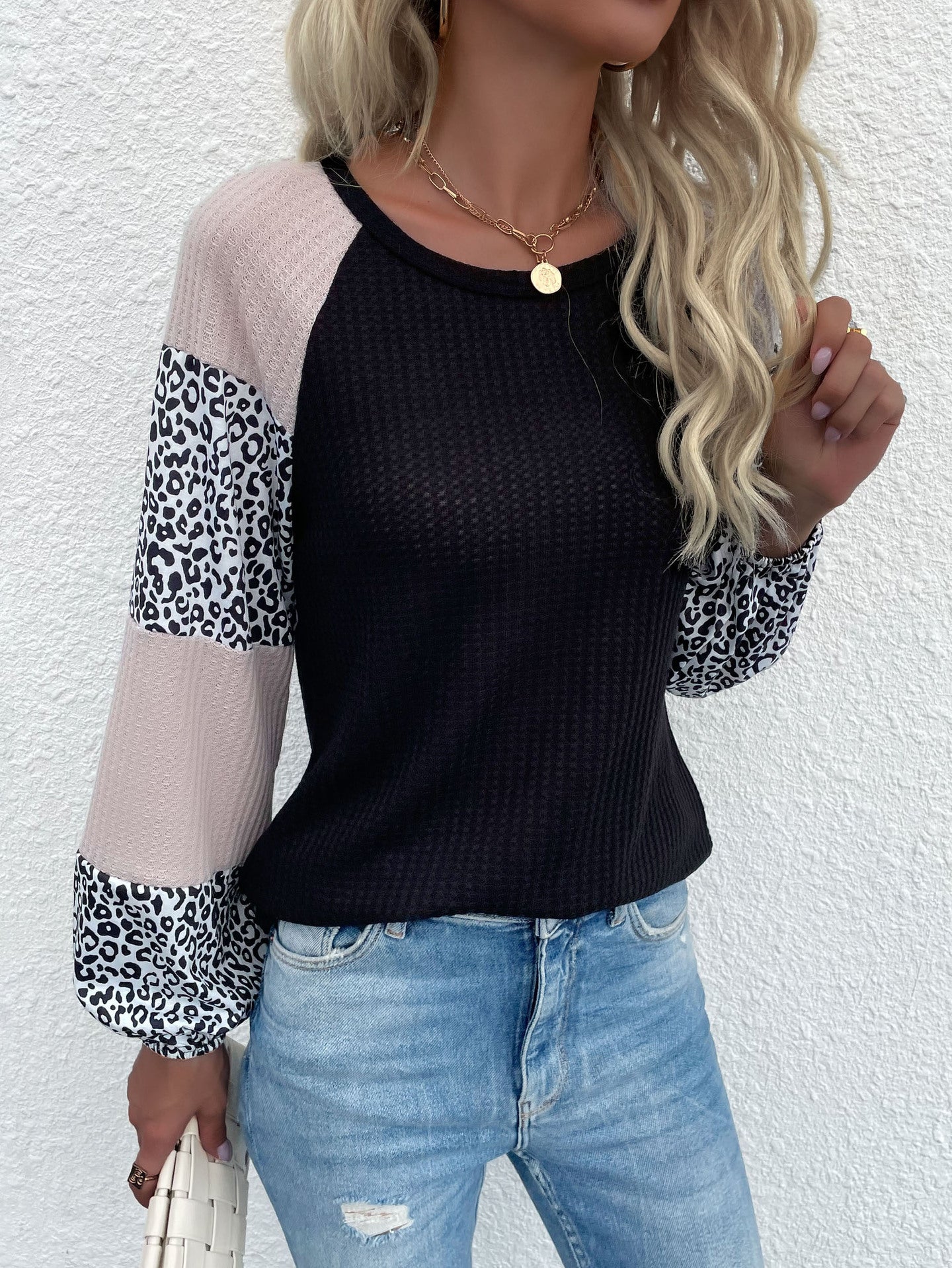 Autumn New Middle East Style Long Sleeve Waffle Top Stitching Leopard Print Knitwear