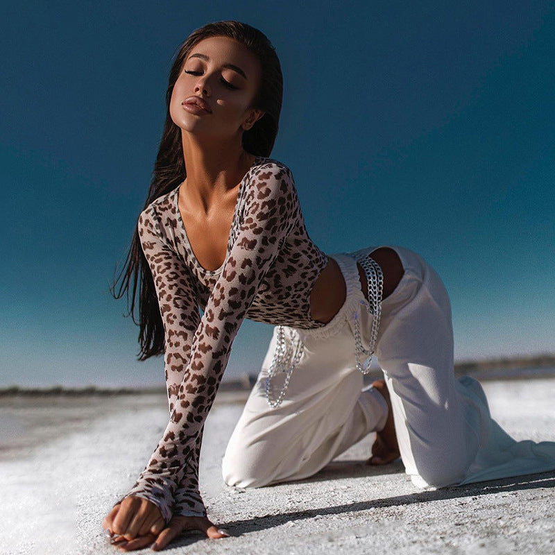 Women's New Sexy Mesh Leopard Print Jumpsuit