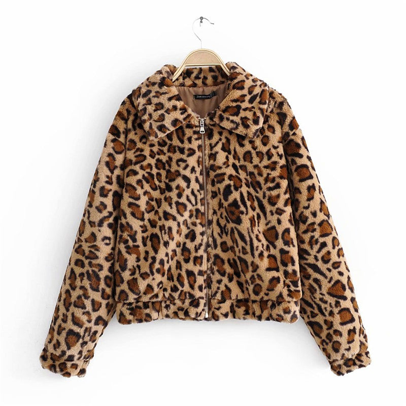 Vintage Leopard Print Lapel Zipper Slim Fit Faux Fur Cotton Jacket