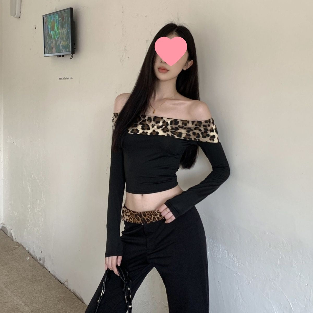 Off-shoulder Leopard Splicing Long Sleeve Autumn And Winter American Hot Girl Suit