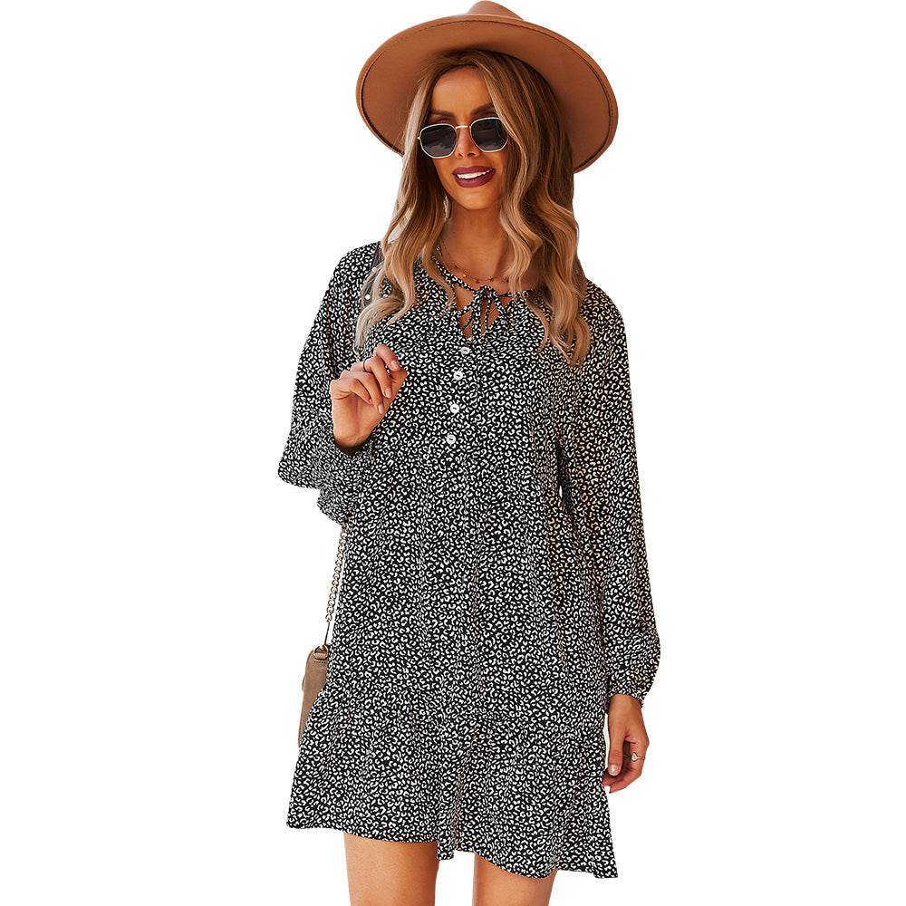 Autumn And Winter New Women's Dress Leopard Print Long Sleeve Sexy Loose A- Line Skirt