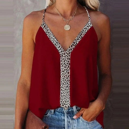 V-Neck Sexy Low-Cut Ladies Strap Leopard Print Top
