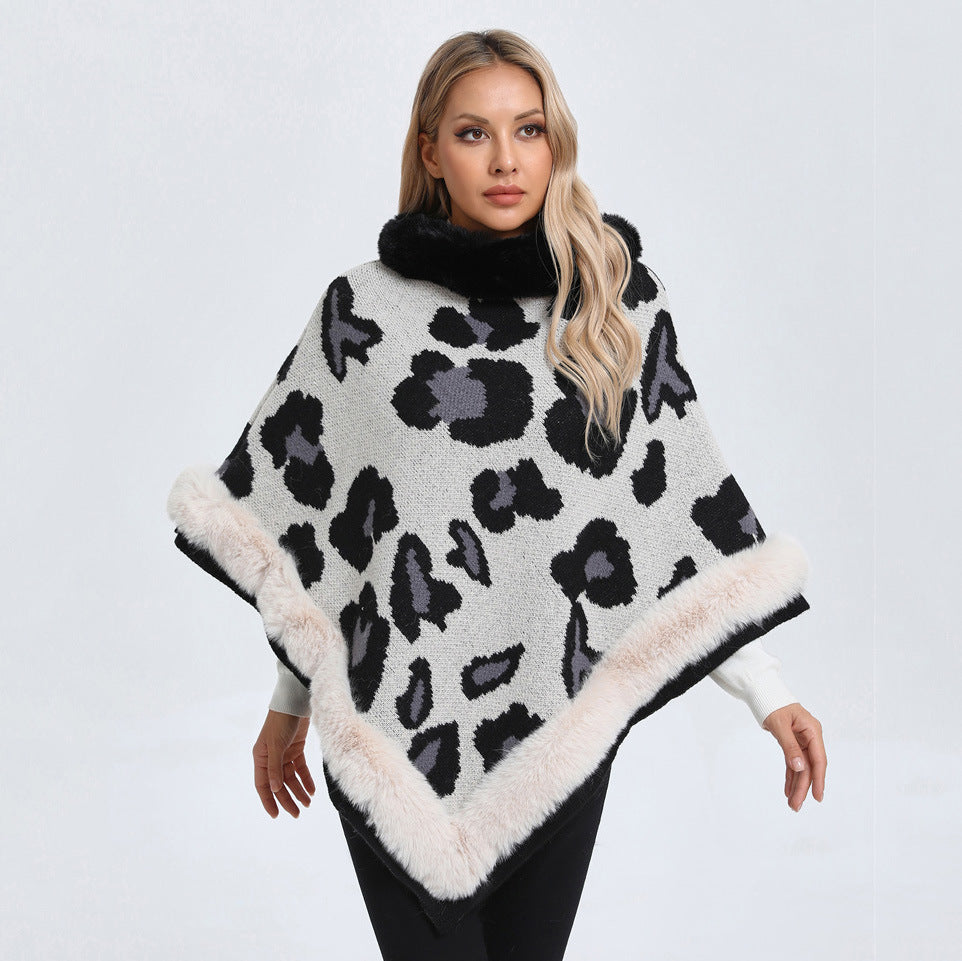 Leopard Print Plus Size Pullover Cloak Big Fur Collar Irregular Mid-length Cloak