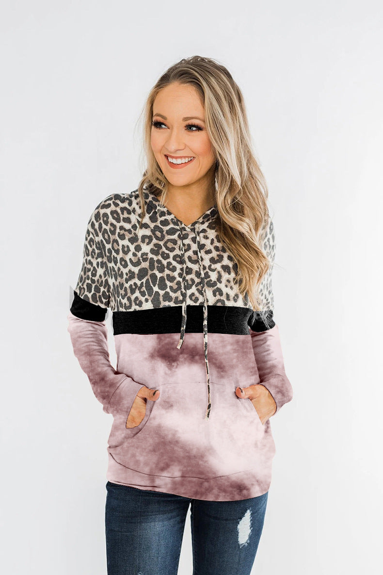 Winter Leopard Print Tie-Dye Paneled Long Sleeve Pocket Hoodie