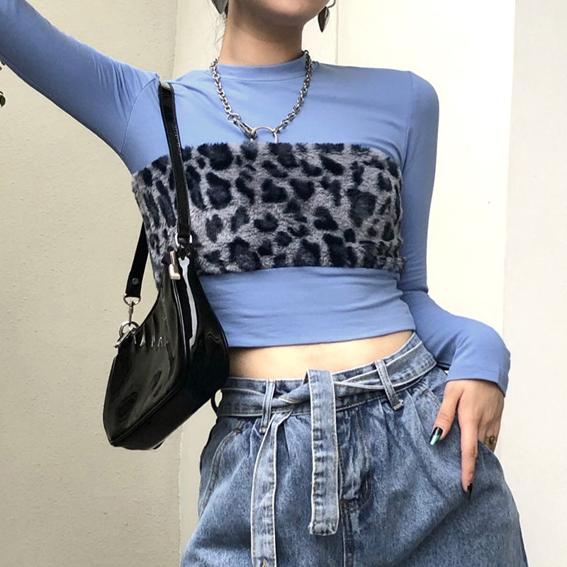 Round Neck Hair Leopard Print Mosaic Slim Slim Long Sleeve T-shirt Blouse Women