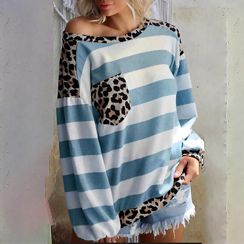 Printed Long Sleeve Stitching Leopard Print Pocket Loose Top