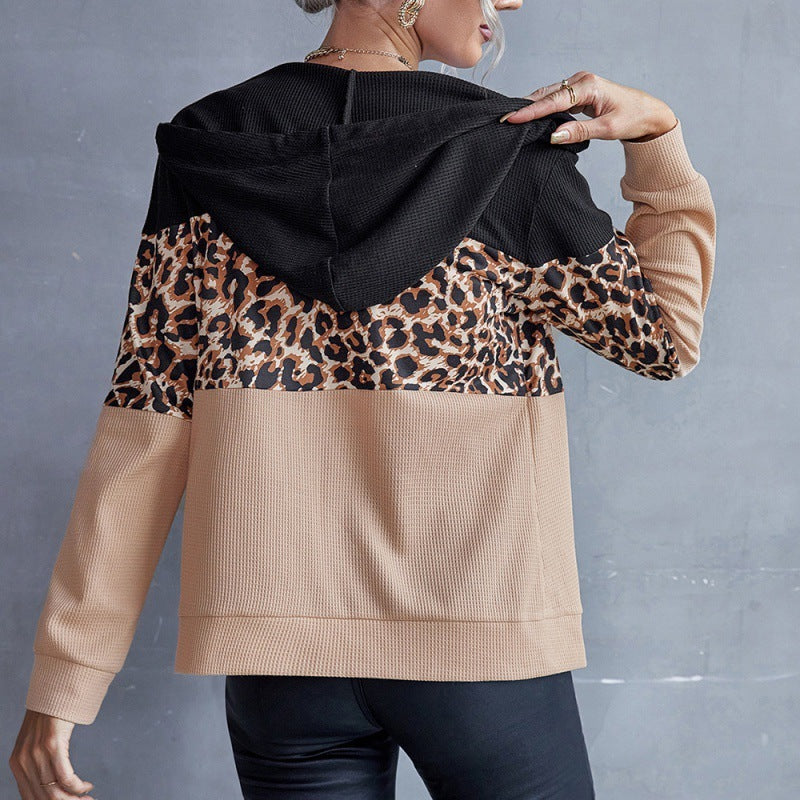 Leopard Panel Zip Sweatshirt Hooded Jacket