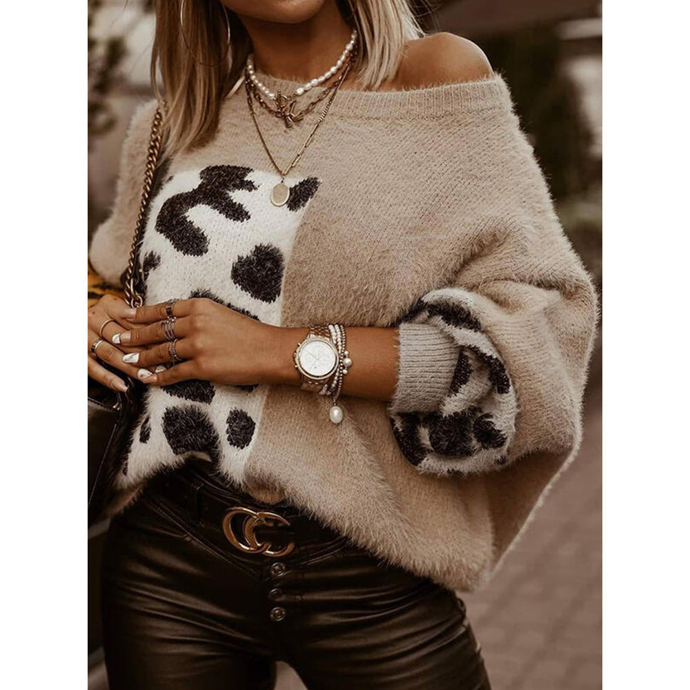 Leopard Print Long-sleeved Woolen Knitted Top Women Sweater