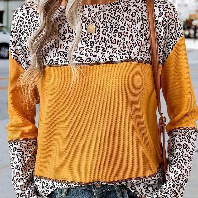 European And American Pullover Round Neck Leopard Splicing Waffle Sweater