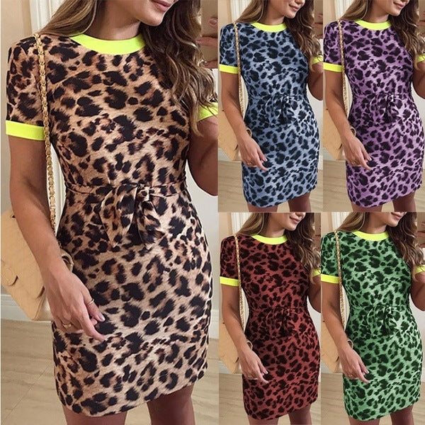 Sommer Neue Damen Slim Fit Leopard Print Kurzärmeliges Kleid
