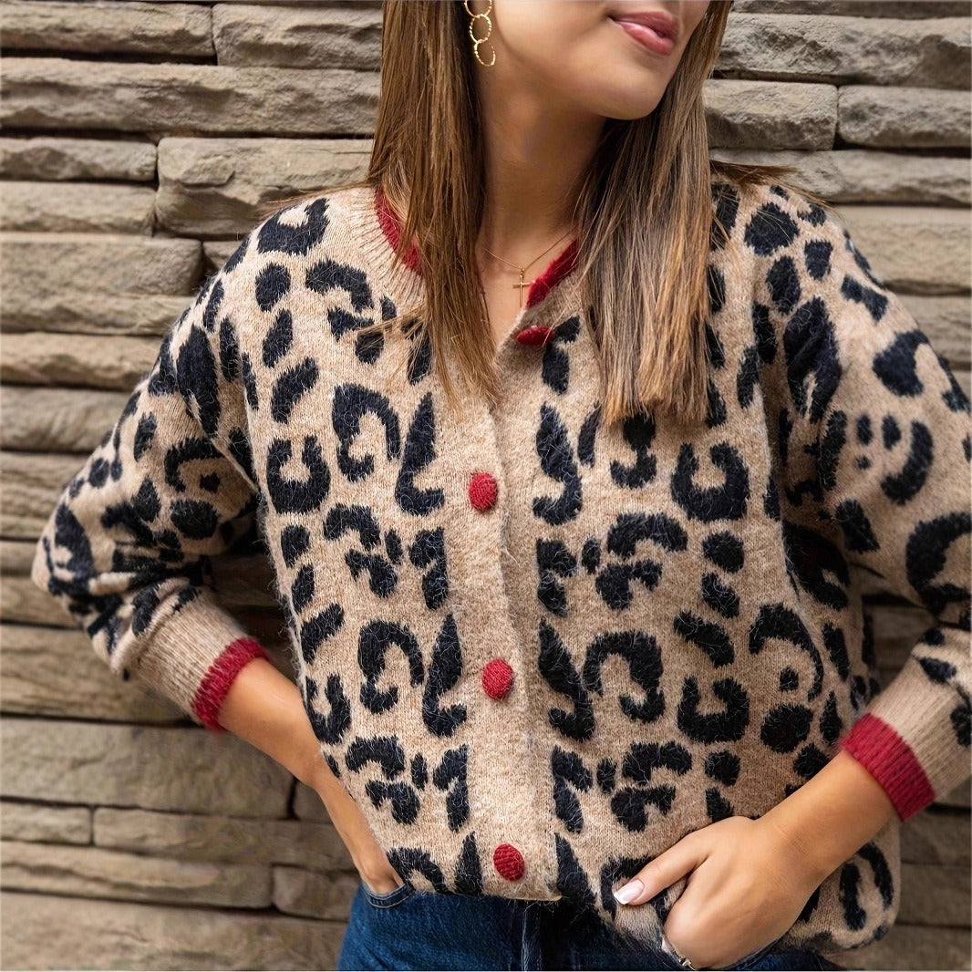 Retro Contrast Color Leopard Print Cardigan Round Neck Sweater