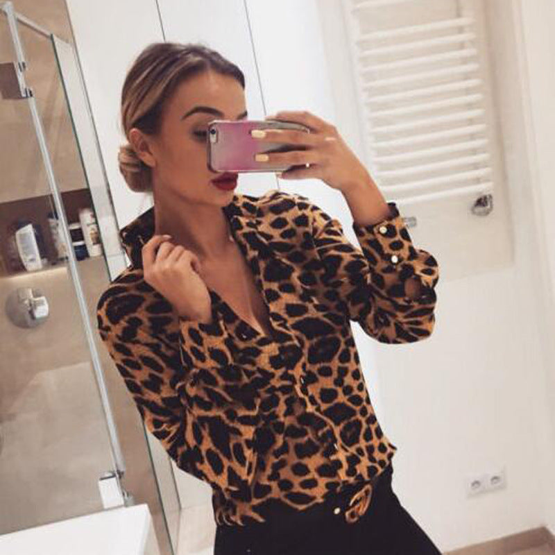 Explosive Fall Winter Slim Long Sleeve Shirt Leopard Print Top Shirt