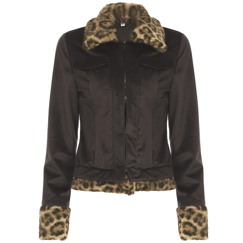 Retro Wild Hot Girl Leopard Fur Patchwork Pocket Jacket