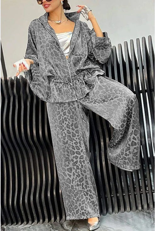 European And American Lapel Waist Drawstring Long Sleeve Leopard Print Casual Suit