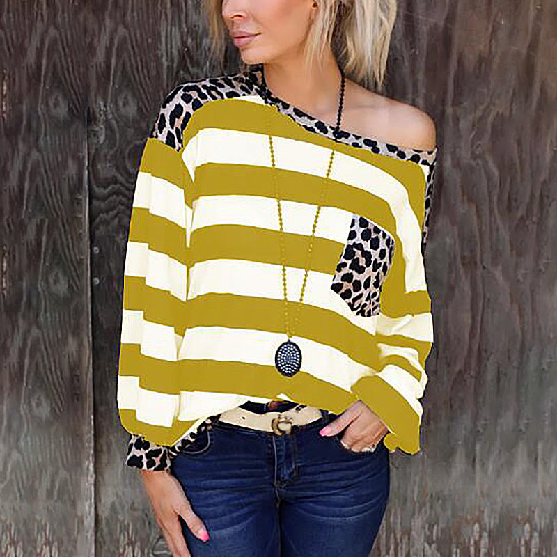 Printed Long Sleeve Stitching Leopard Print Pocket Loose Top