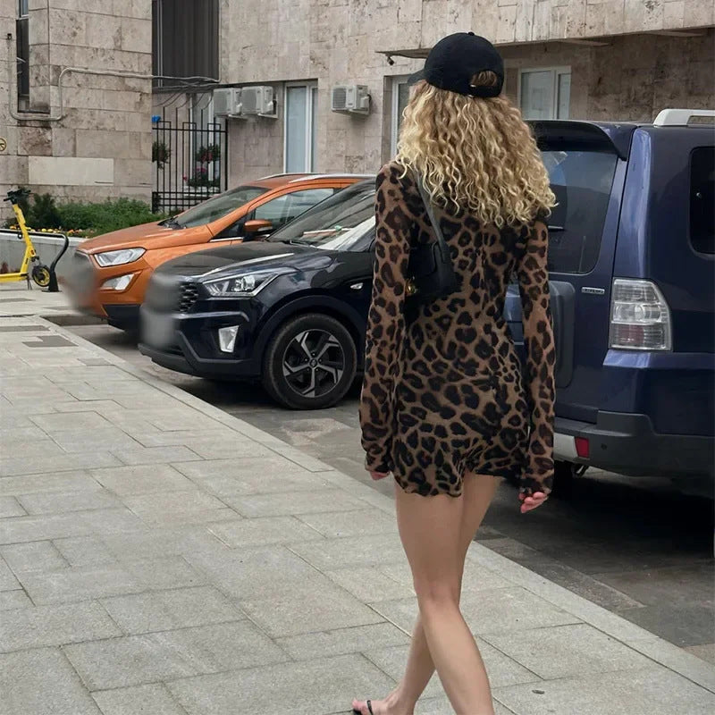 Damenbekleidung Kleid Straße Leopardenmuster Langarm