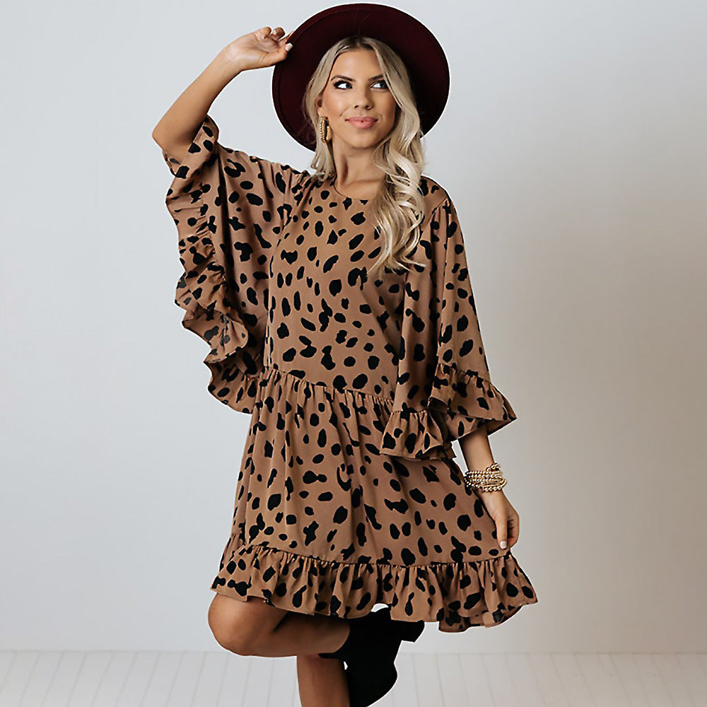 Damenmode Leopard Print Batwing Langärmeliges Kleid mit Nähten