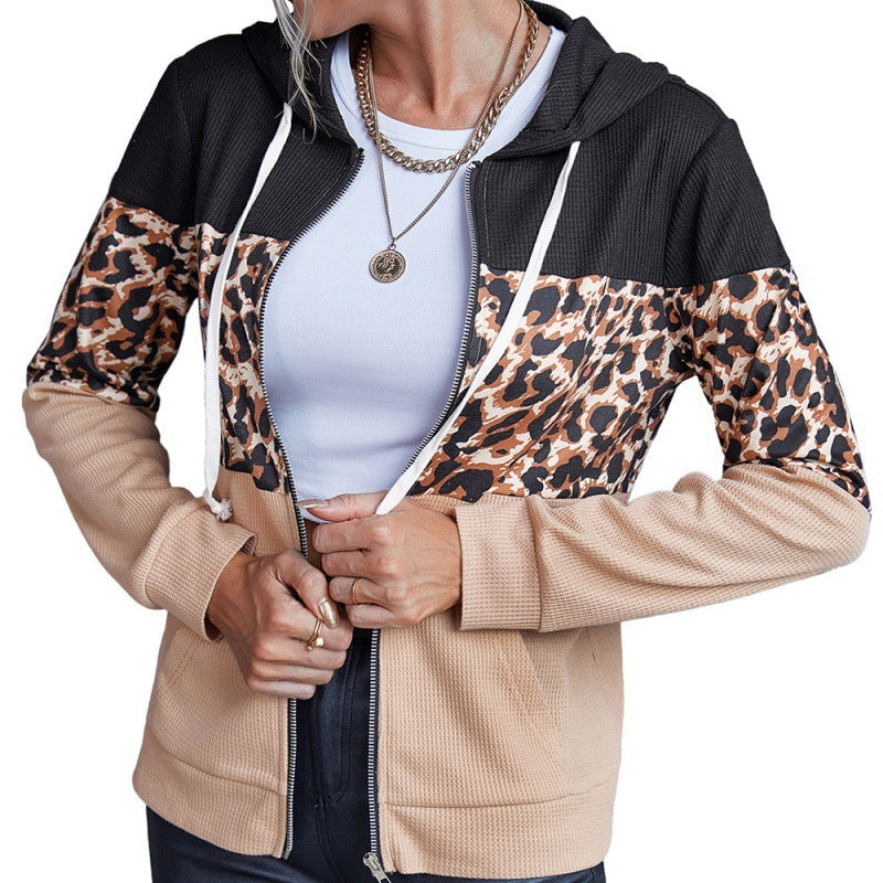 Leopard Panel Zip Sweatshirt Hooded Jacket