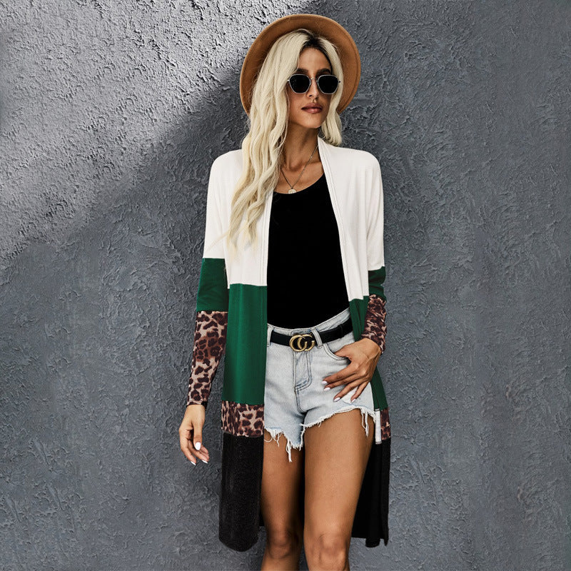 Scarf Collar Leopard Print Stitching Loose Knit Sweater Women's Jacket