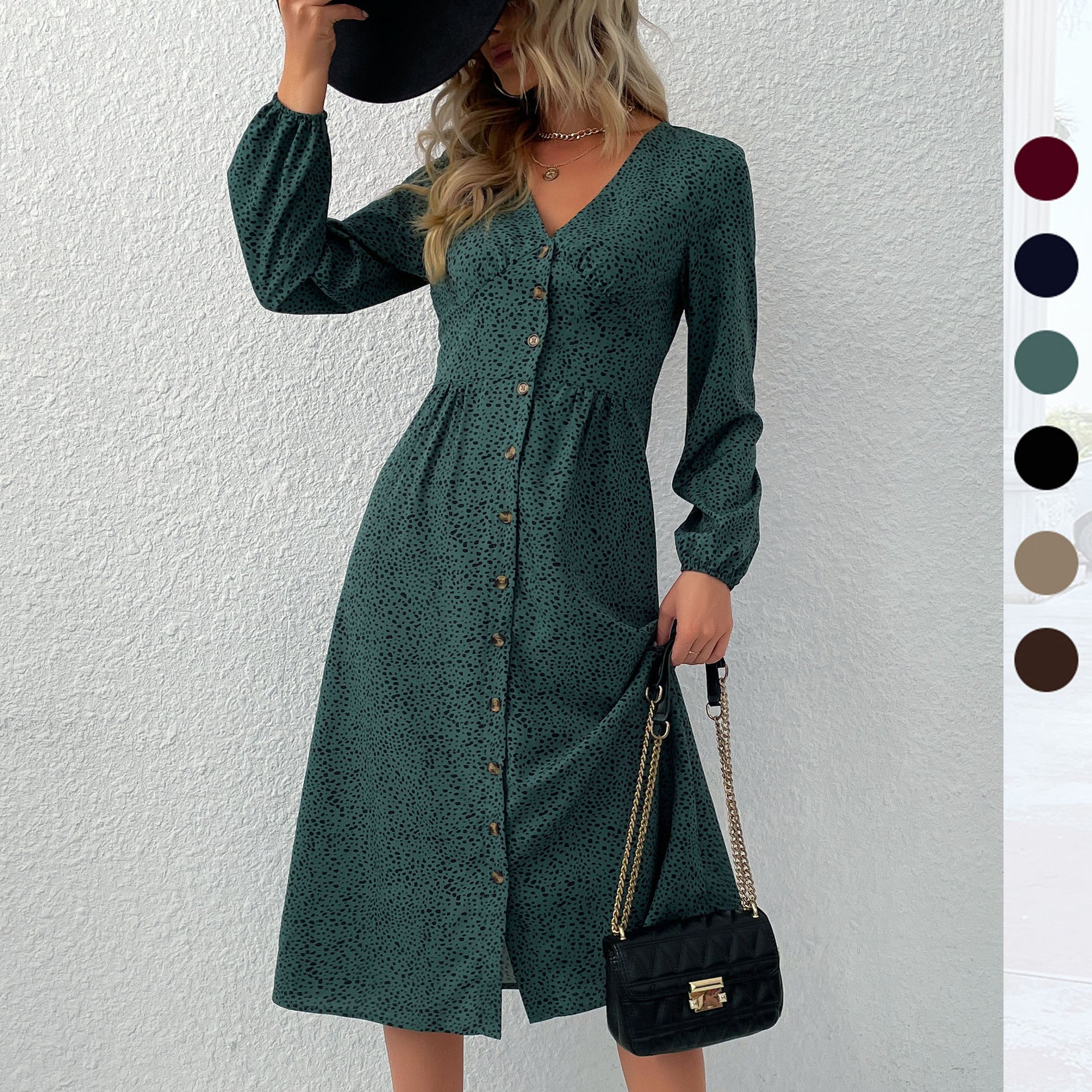 Langärmeliges Leoparden-Strickjacken-Kleid mit V-Ausschnitt