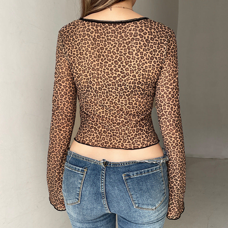 European And American Sexy Style Lace Leopard Print Pleating T-shirt