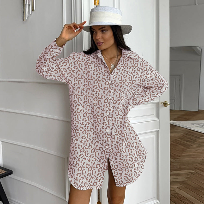 Autumn Crepe Cotton Leopard-print Shirt Fashion Loose Top