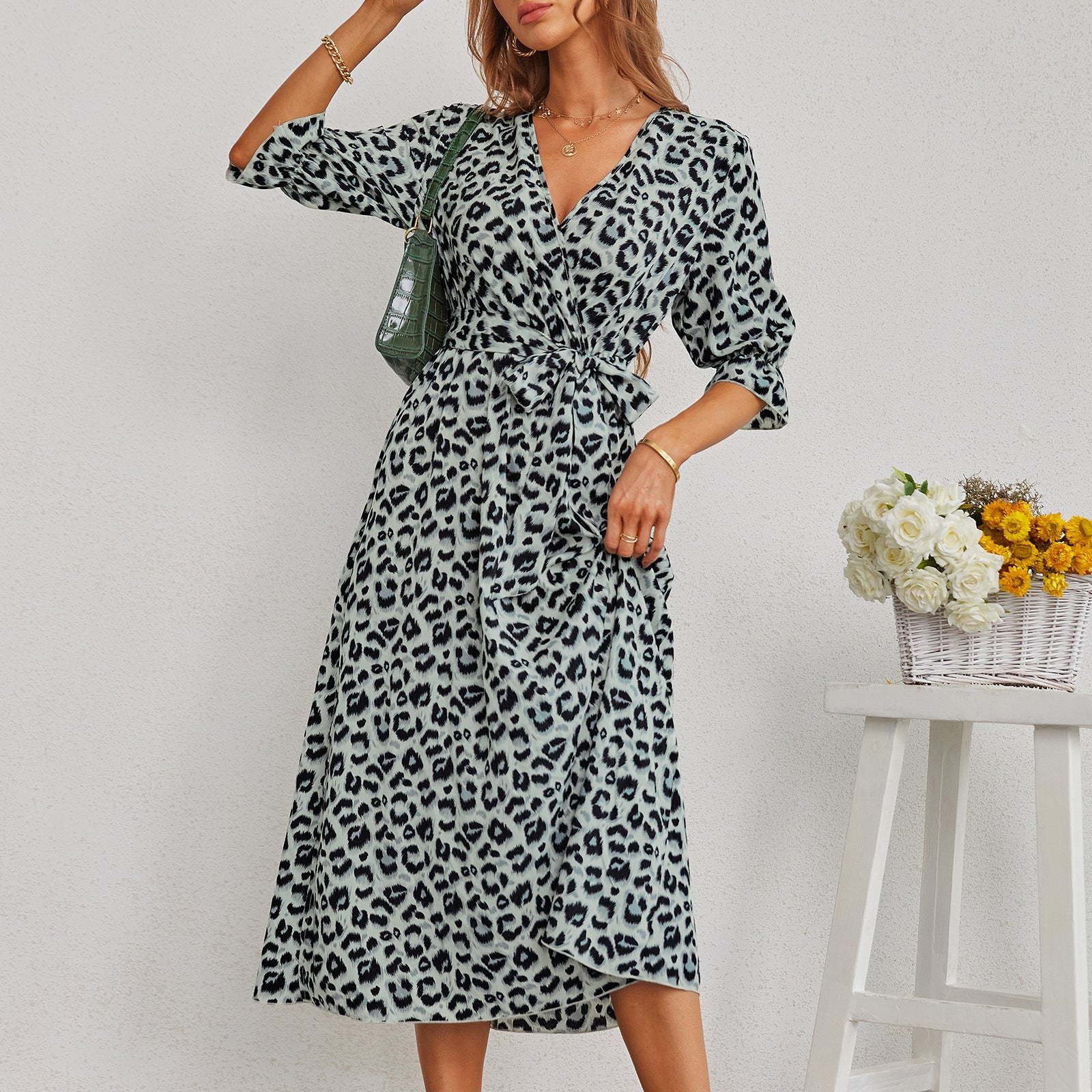 Europäisches und amerikanisches Damen Leopard Print Schlitzkleid