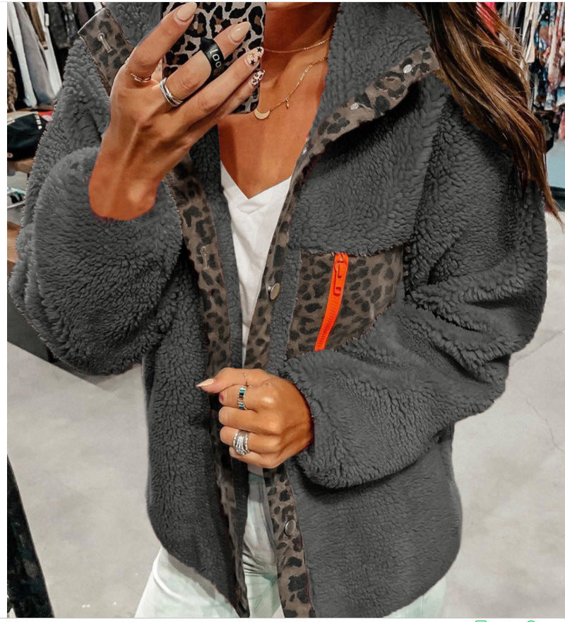 Women's Leopard Print Zipper Long Sleeve Plush Jacket