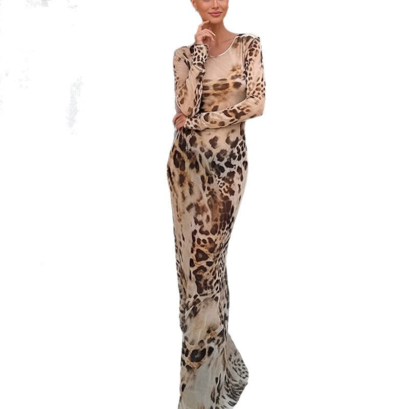 Fashionable Vintage-style Sexy Figure-hugging Leopard-print Dress