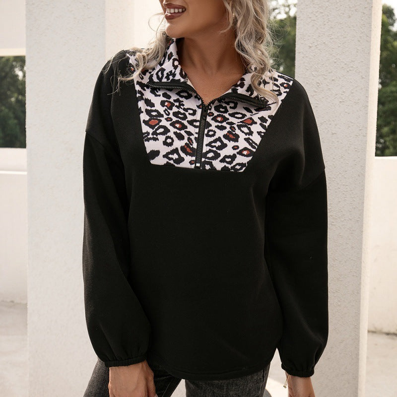 Ladies Leopard Print Panel Long Sleeve Pullover Sweatshirt
