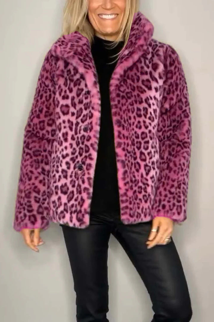 Winter New Warm Women's Fashionable Leopard Print Lapel Faux Leather Woolen Top