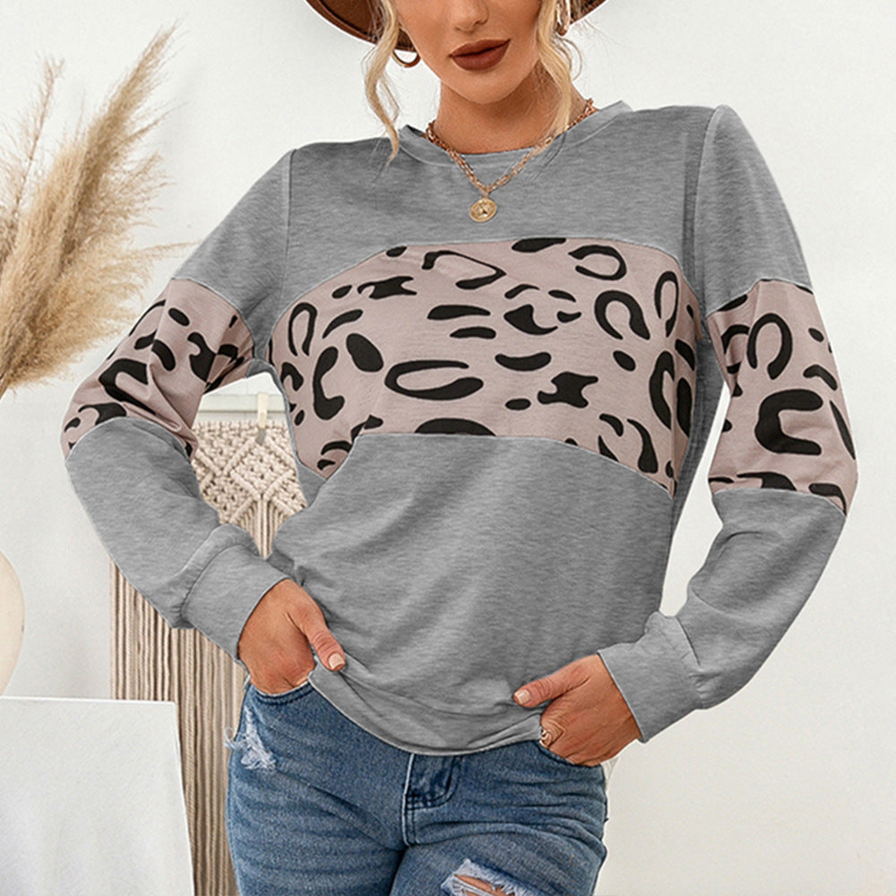 Knitted Leopard Print Pullover Round Neck Contrast Color Patchwork Sweatshirt Women