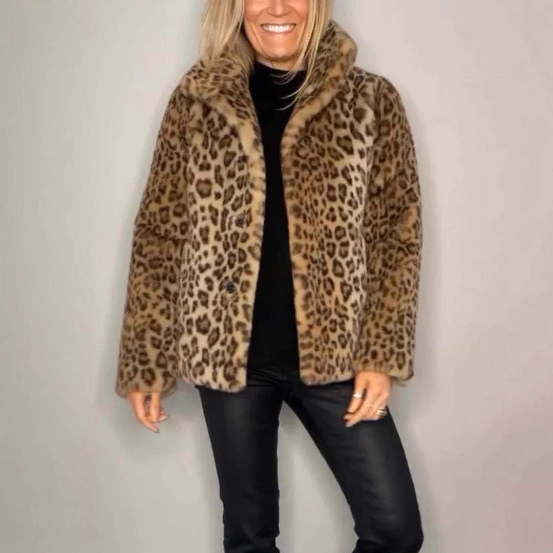 Winter New Warm Women's Fashionable Leopard Print Lapel Faux Leather Woolen Top