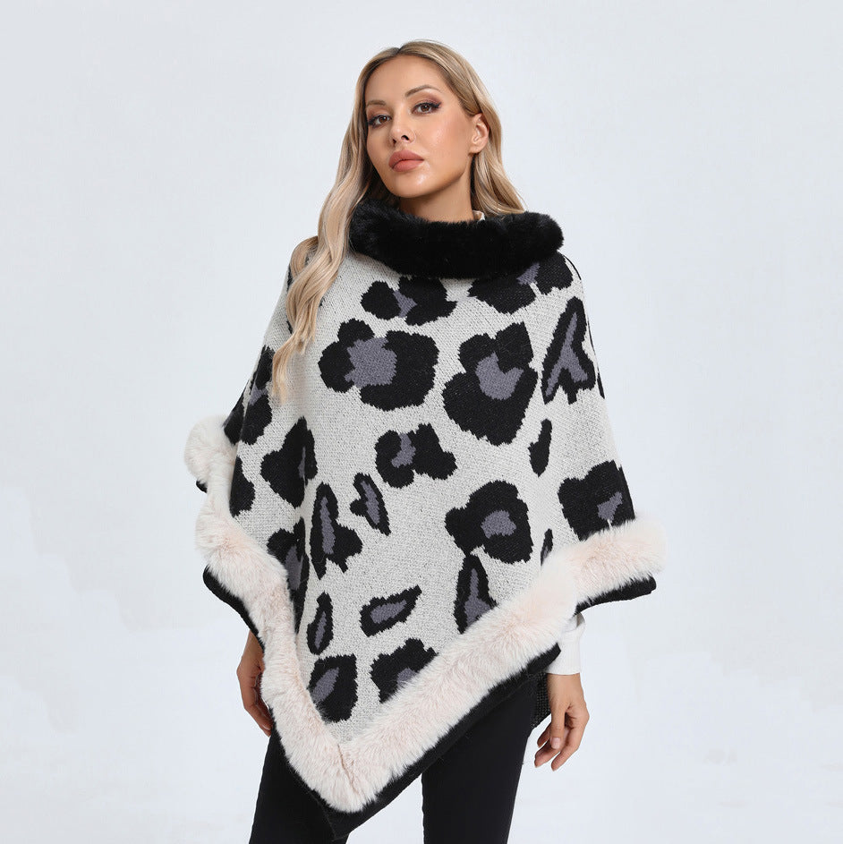 Leopard Print Plus Size Pullover Cloak Big Fur Collar Irregular Mid-length Cloak