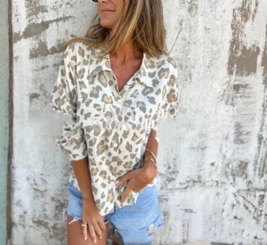 Leopard Print Women's Fashion Loose-fitting Long Sleeves Shirt