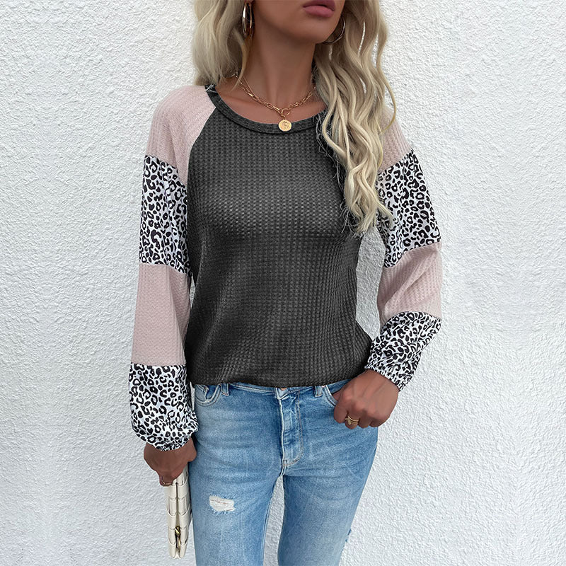 Autumn New Middle East Style Long Sleeve Waffle Top Stitching Leopard Print Knitwear