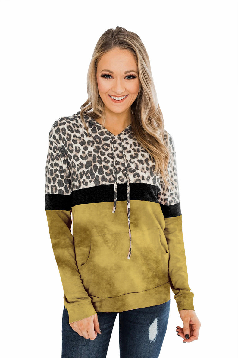 Winter Leopard Print Tie-Dye Paneled Long Sleeve Pocket Hoodie